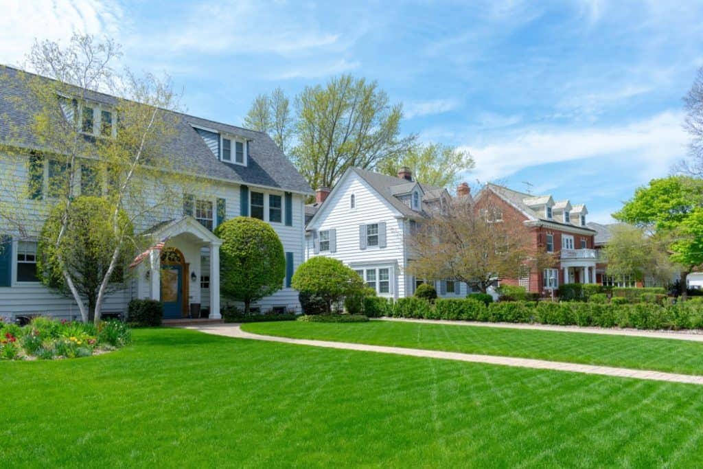 row of houses with green lawn